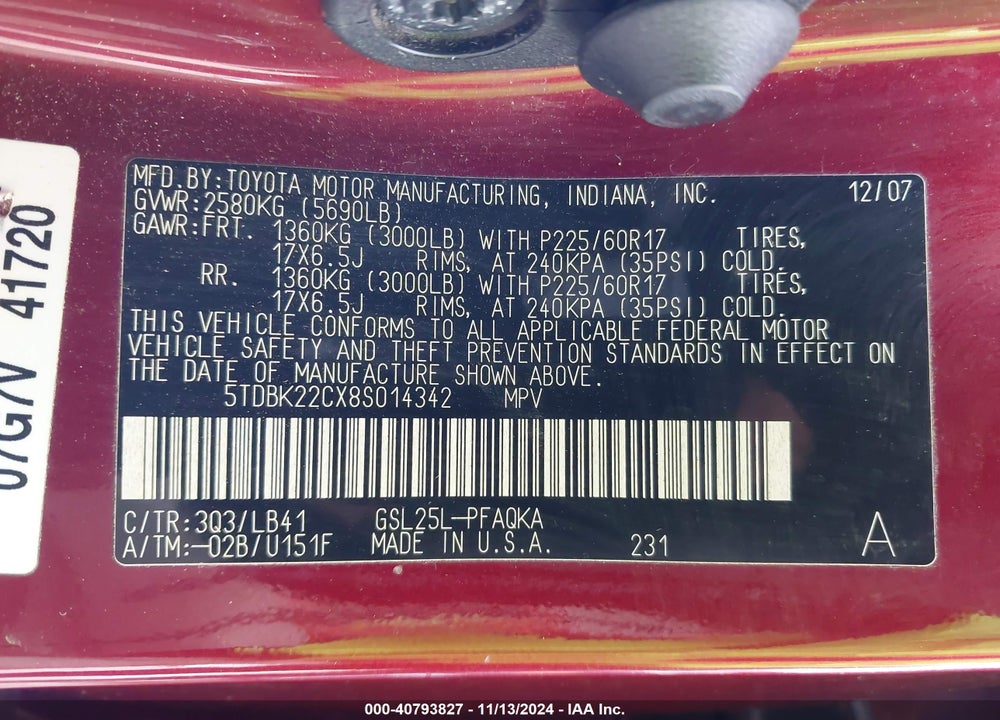 2008 TOYOTA SIENNA LIMITED VIN: 5TDBK22CX8S014342