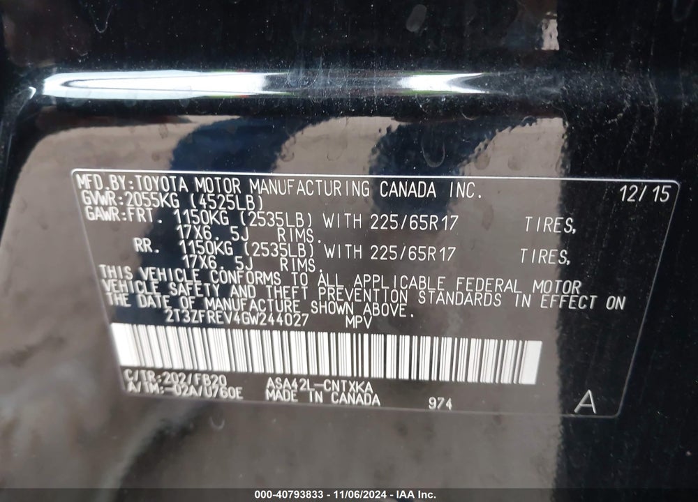 2016 TOYOTA RAV4 LE VIN: 2T3ZFREV4GW244027