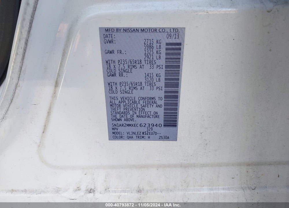 2014 NISSAN PATHFINDER SV VIN: 5N1AR2MMXEC623940