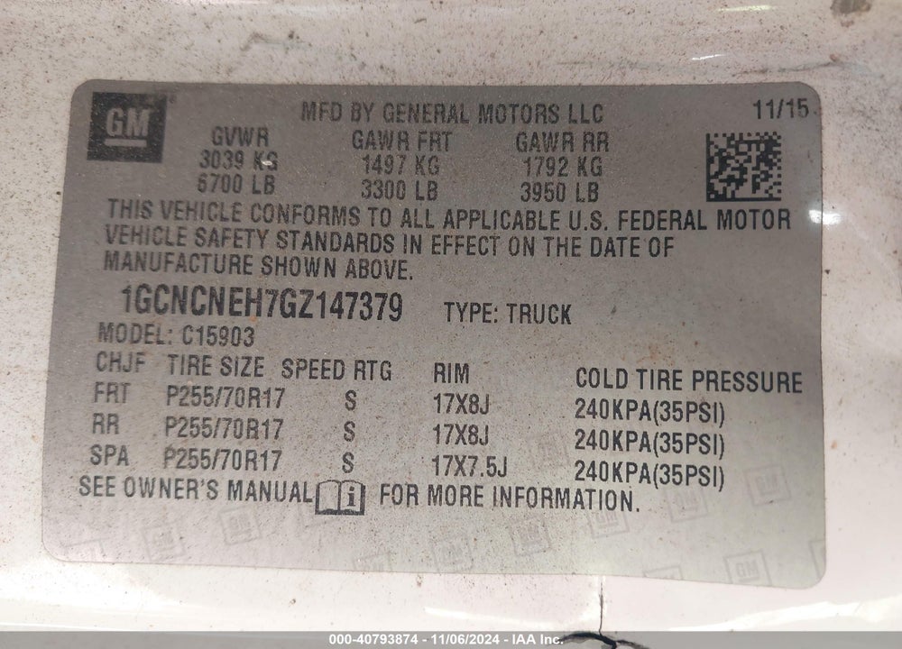 2016 CHEVROLET SILVERADO 1500 WT VIN: 1GCNCNEH7GZ147379