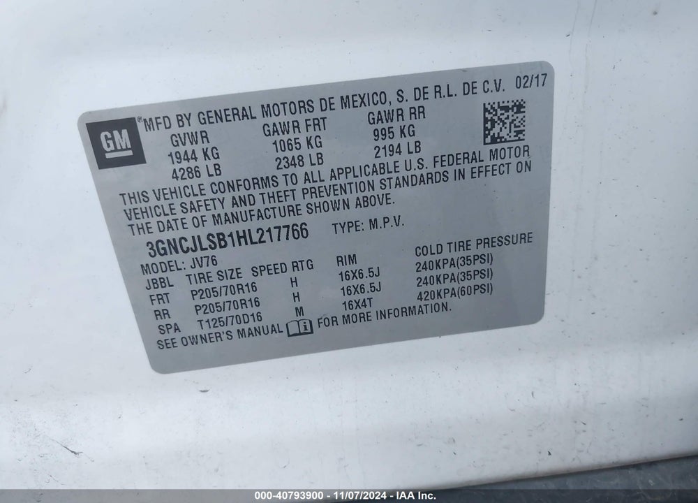 2017 CHEVROLET TRAX LT VIN: 3GNCJLSB1HL217766