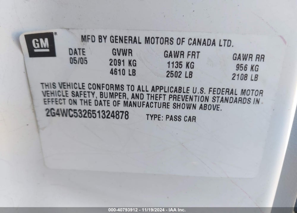 2005 BUICK LACROSSE CX VIN: 2G4WC532651324878