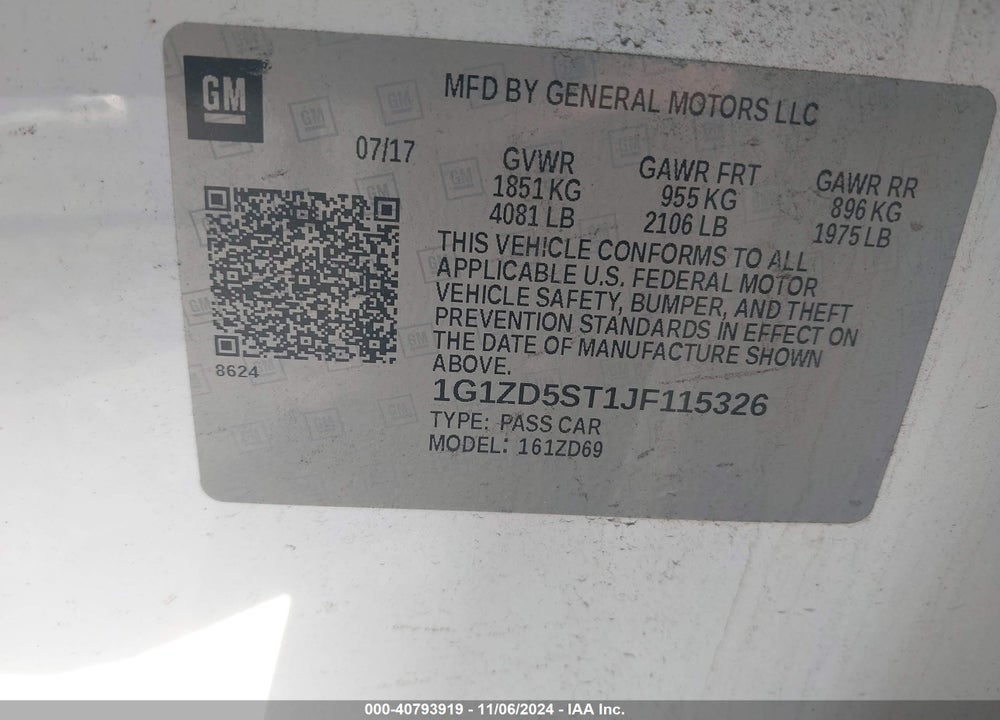2018 CHEVROLET MALIBU LT VIN: 1G1ZD5ST1JF115326