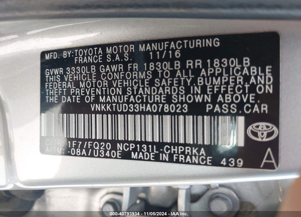 2017 TOYOTA YARIS L VIN: VNKKTUD33HA078023