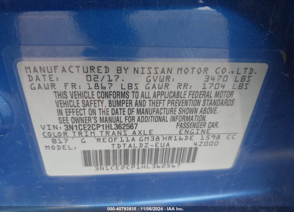 2017 NISSAN VERSA NOTE VIN: 3N1CE2CP1HL362567