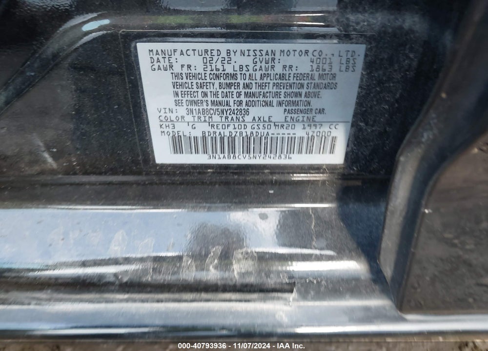 2022 NISSAN SENTRA SV XTRONIC CVT VIN: 3N1AB8CV5NY242836