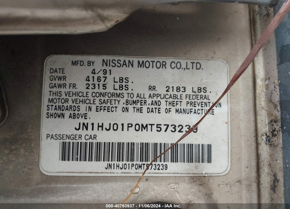 1991 NISSAN MAXIMA VIN: JN1HJ01P0MT573239