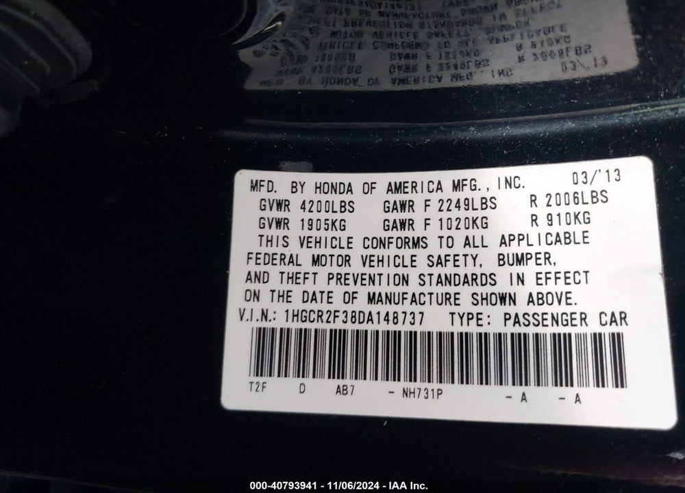 2013 HONDA ACCORD LX VIN: 1HGCR2F38DA148737