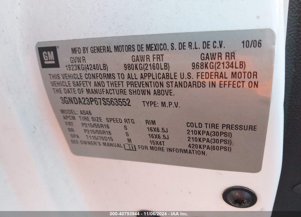 2007 CHEVROLET HHR LT VIN: 3GNDA23P67S563552