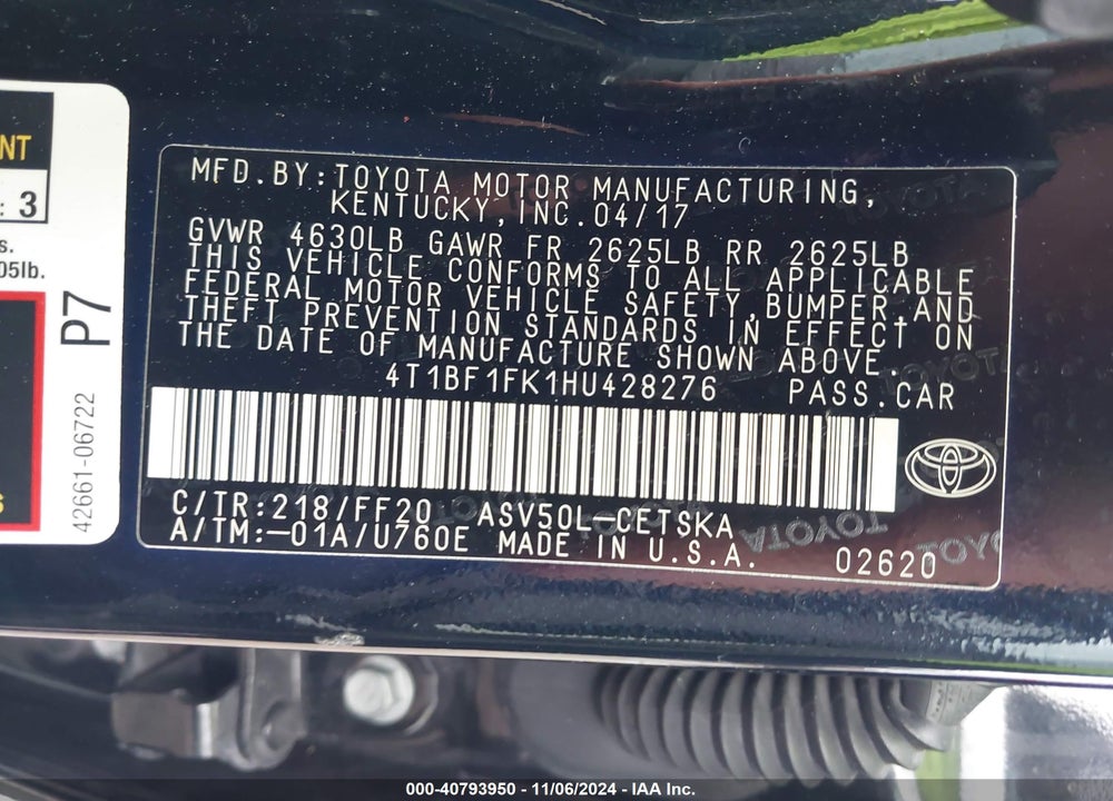 2017 TOYOTA CAMRY SE VIN: 4T1BF1FK1HU428276