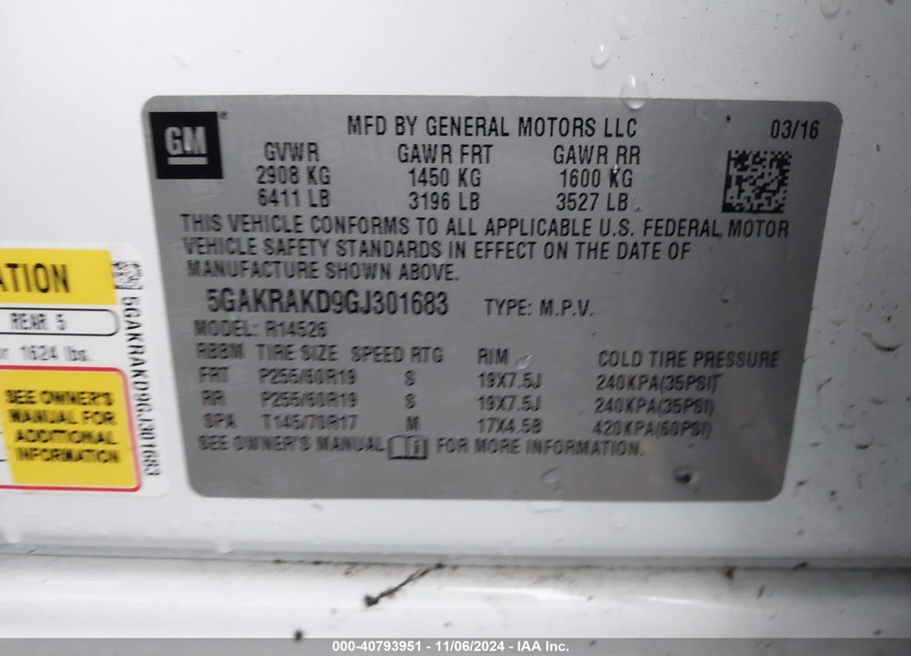 2016 BUICK ENCLAVE CONVENIENCE VIN: 5GAKRAKD9GJ301683