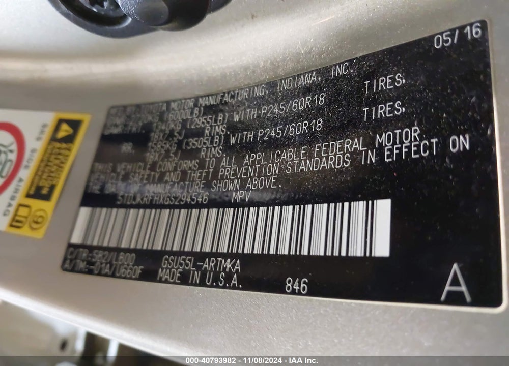 2016 TOYOTA HIGHLANDER XLE V6 VIN: 5TDJKRFHXGS294546