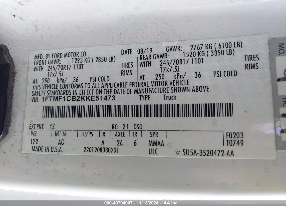 2019 FORD F-150 XL VIN: 1FTMF1CB2KKE51473