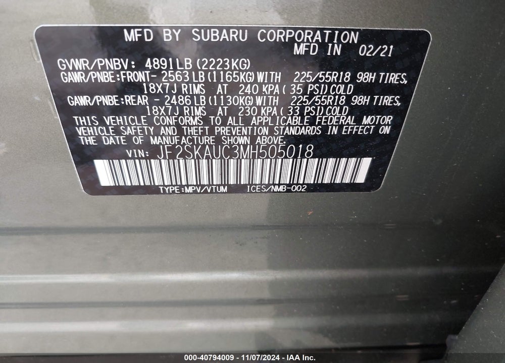 2021 SUBARU FORESTER LIMITED VIN: JF2SKAUC3MH505018