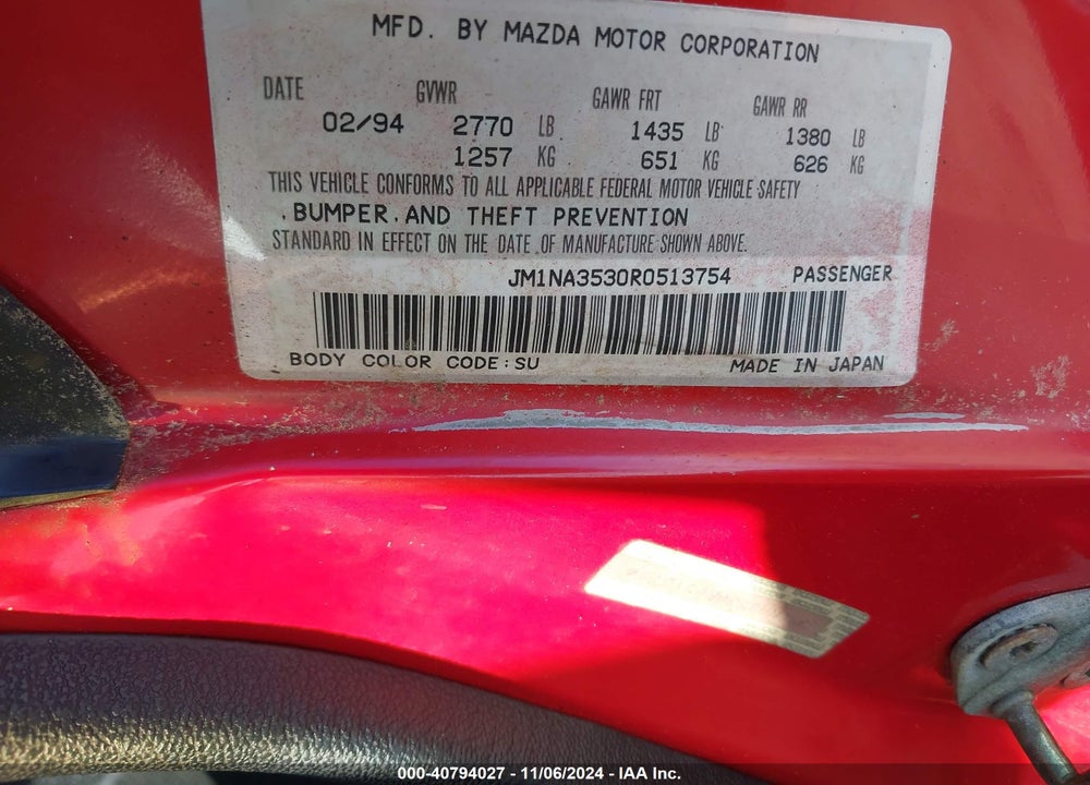 1994 MAZDA MX-5 MIATA VIN: JM1NA3530R0513754