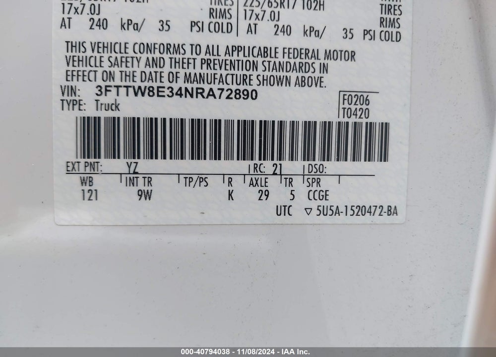2022 FORD MAVERICK VIN: 3FTTW8E34NRA72890