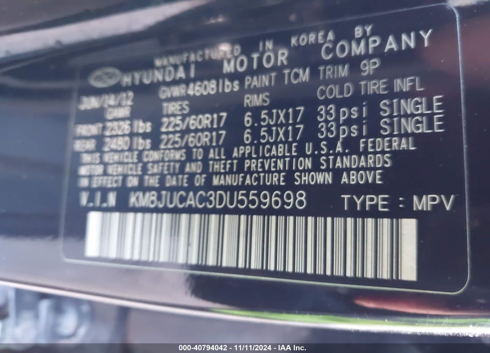 2013 HYUNDAI TUCSON GLS VIN: KM8JUCAC3DU559698