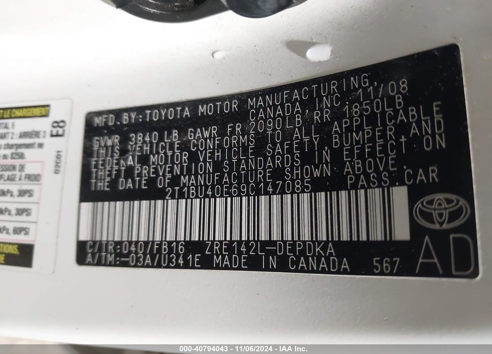 2009 TOYOTA COROLLA LE VIN: 2T1BU40E69C147085
