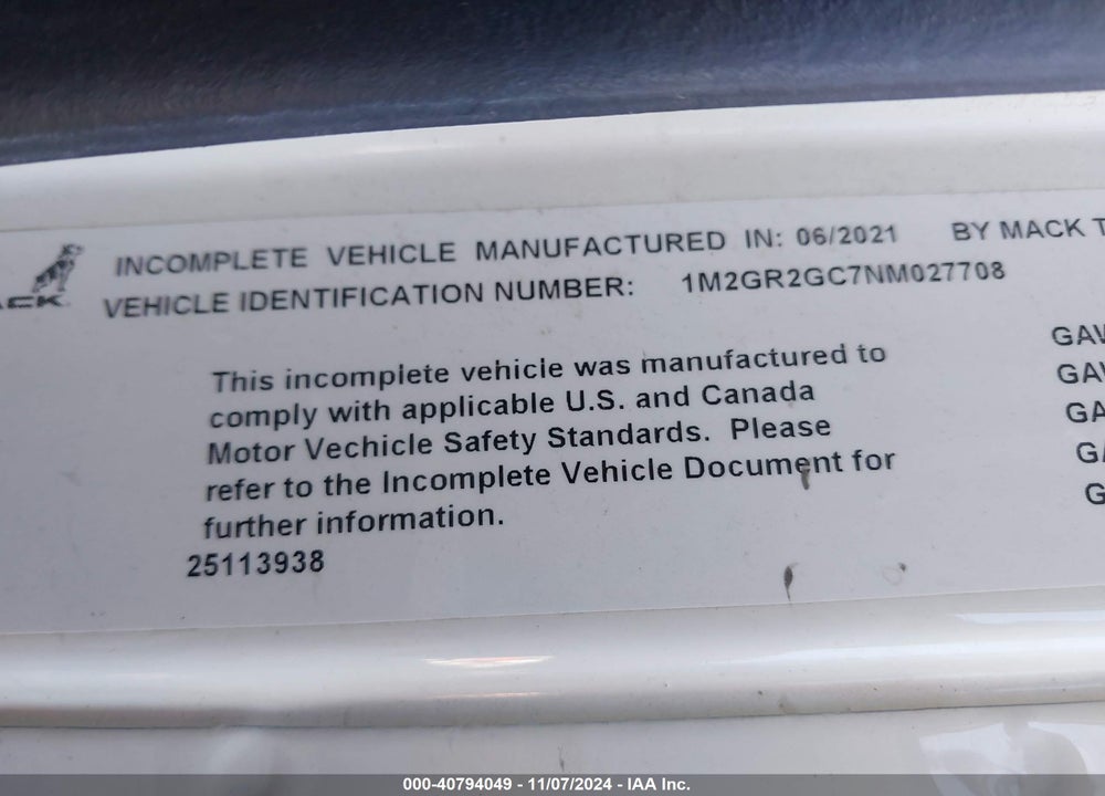 2022 MACK GRANITE VIN: 1M2GR2GC7NM027708