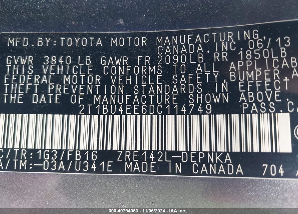 2013 TOYOTA COROLLA LE VIN: 2T1BU4EE6DC114749