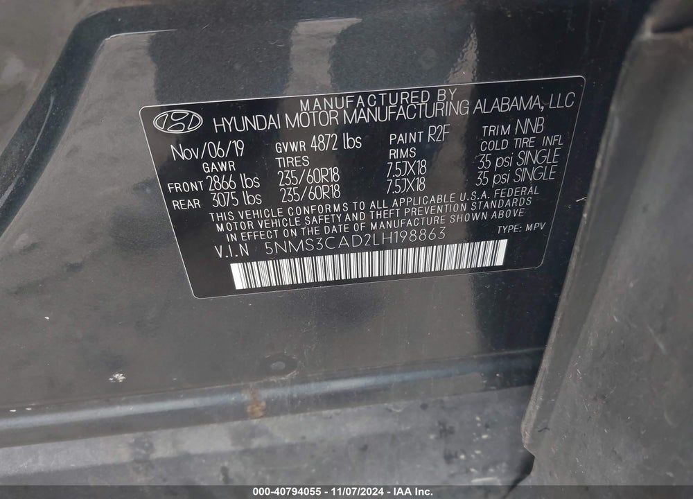 2020 HYUNDAI SANTA FE SEL VIN: 5NMS3CAD2LH198863
