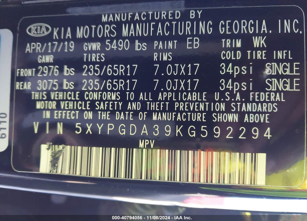2019 KIA SORENTO 2.4L LX VIN: 5XYPGDA39KG592294