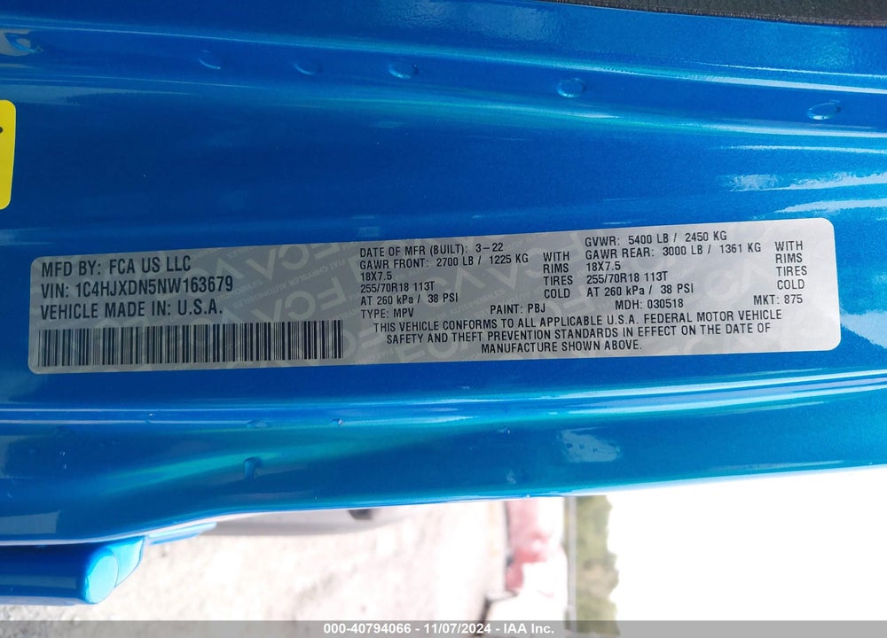 2022 JEEP WRANGLER UNLIMITED SPORT VIN: 1C4HJXDN5NW163679