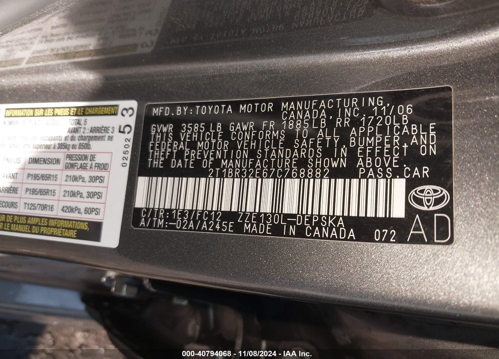 2007 TOYOTA COROLLA S VIN: 2T1BR32E67C768882