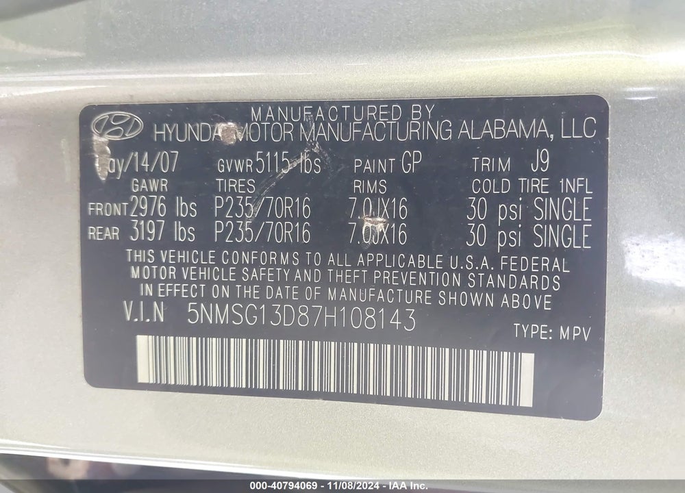 2007 HYUNDAI SANTA FE GLS VIN: 5NMSG13D87H108143