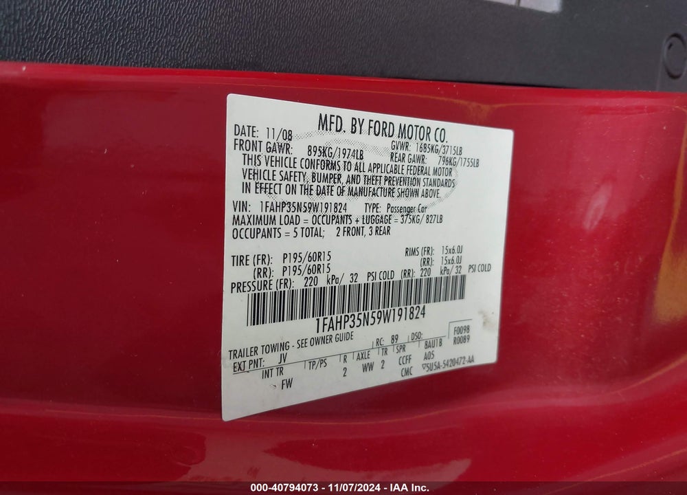 2009 FORD FOCUS SE VIN: 1FAHP35N59W191824