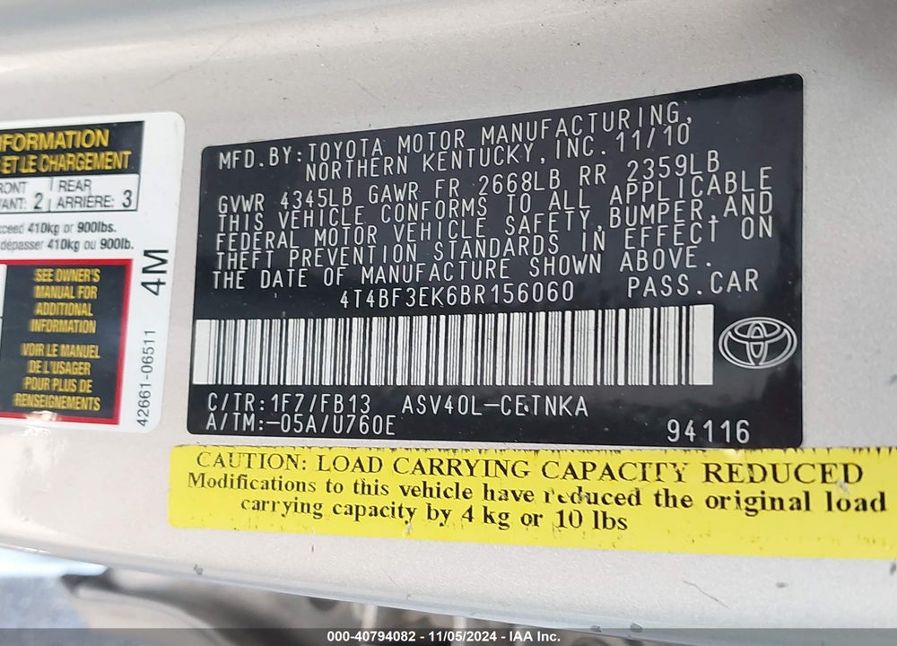 2011 TOYOTA CAMRY LE VIN: 4T4BF3EK6BR156060