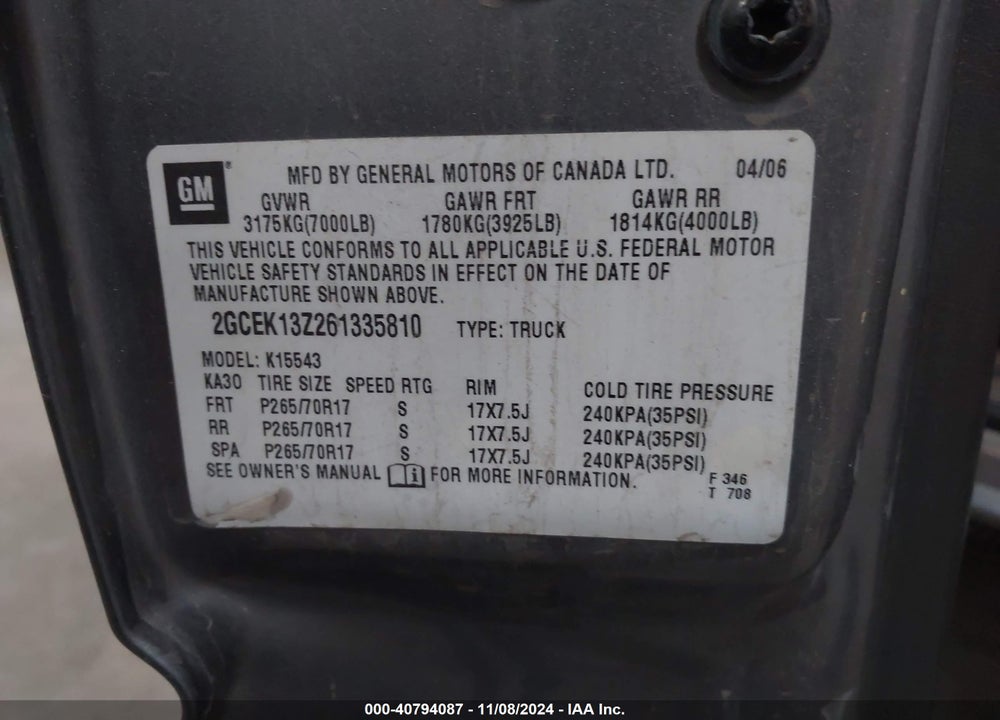 2006 CHEVROLET SILVERADO 1500 LT1 VIN: 2GCEK13Z261335810