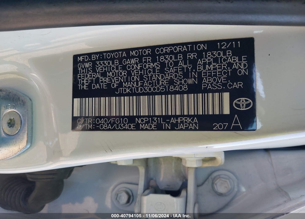 2012 TOYOTA YARIS LE VIN: JTDKTUD30CD518408