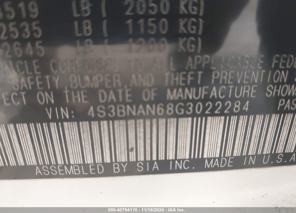 2016 SUBARU LEGACY 2.5I LIMITED VIN: 4S3BNAN68G3022284