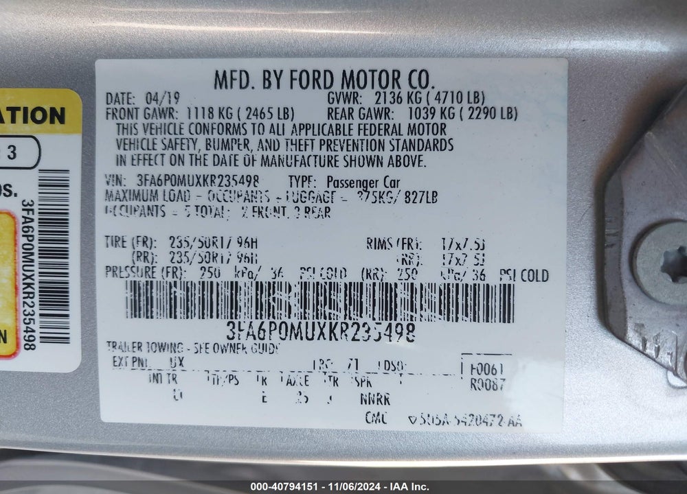 2019 FORD FUSION HYBRID SEL VIN: 3FA6P0MUXKR235498