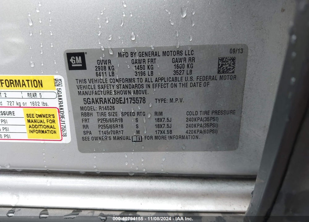 2014 BUICK ENCLAVE CONVENIENCE VIN: 5GAKRAKD9EJ175578