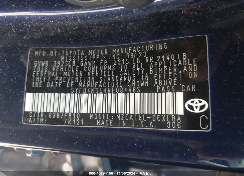 2024 TOYOTA COROLLA LE VIN: 5YFB4MDE4RP084465