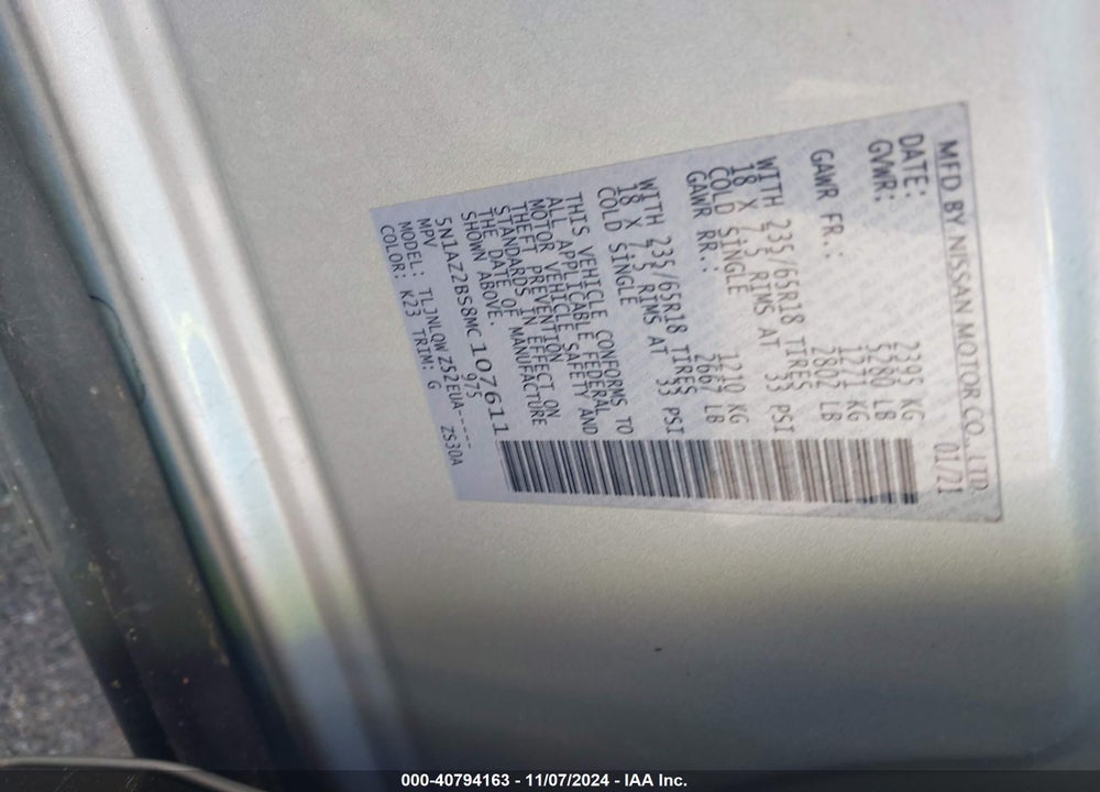 2021 NISSAN MURANO SV INTELLIGENT AWD VIN: 5N1AZ2BS8MC107611