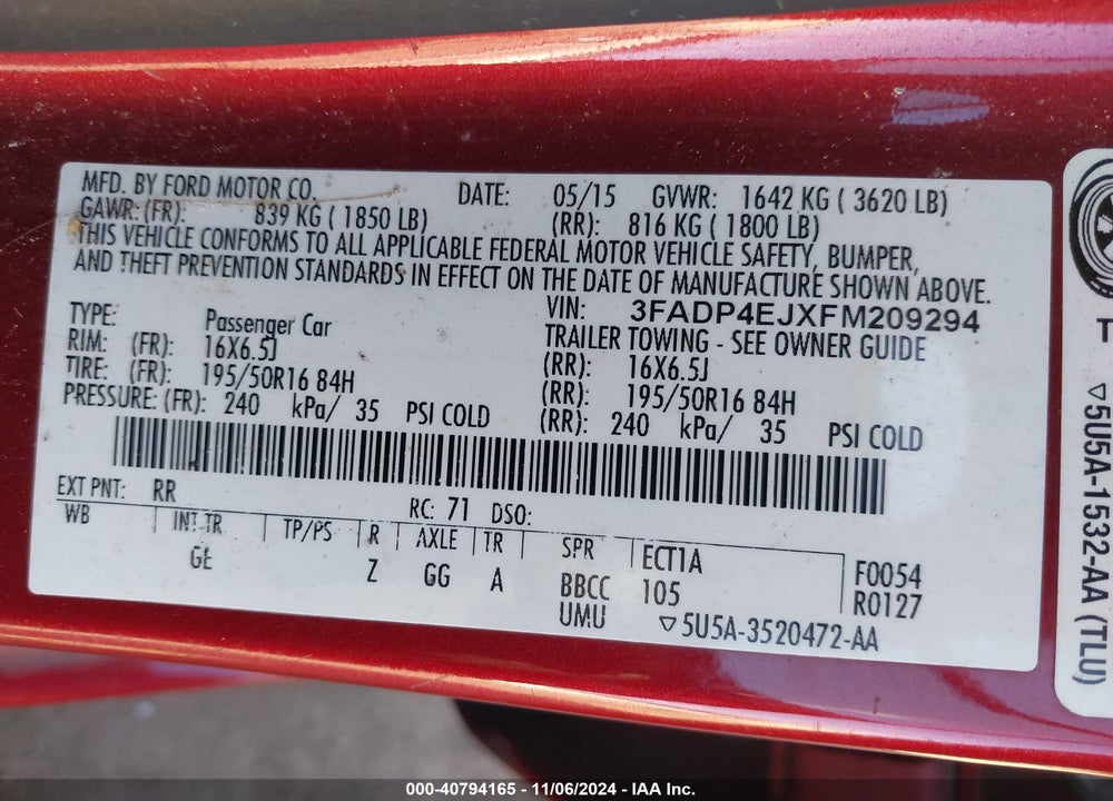 2015 FORD FIESTA SE VIN: 3FADP4EJXFM209294