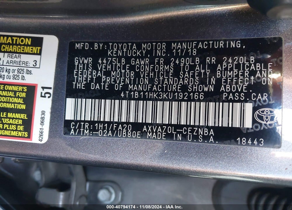 2019 TOYOTA CAMRY LE VIN: 4T1B11HK3KU192166