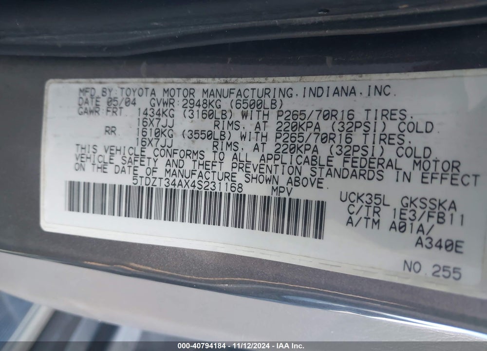 2004 TOYOTA SEQUOIA SR5 V8 VIN: 5TDZT34AX4S231168