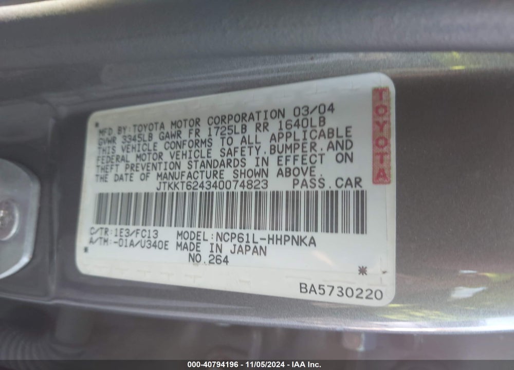 2004 SCION XA VIN: JTKKT624340074823