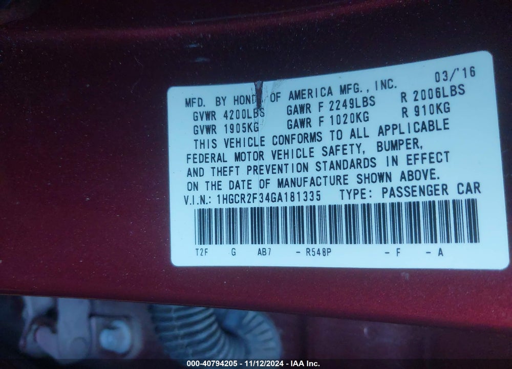 2016 HONDA ACCORD LX VIN: 1HGCR2F34GA181335
