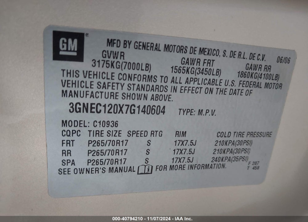 2007 CHEVROLET AVALANCHE 1500 LS VIN: 3GNEC120X7G140604
