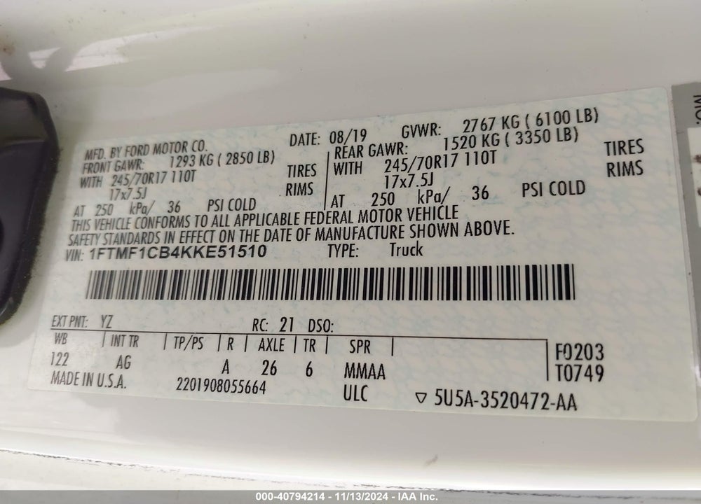 2019 FORD F-150 XL VIN: 1FTMF1CB4KKE51510