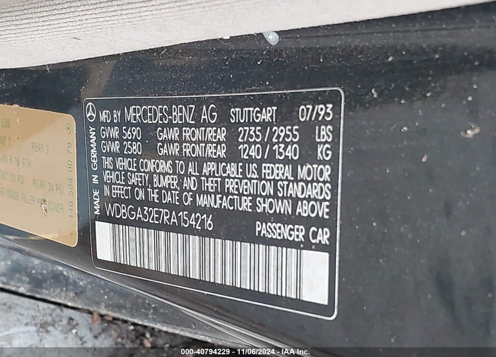 1994 MERCEDES-BENZ S 320 VIN: WDBGA32E7RA154216
