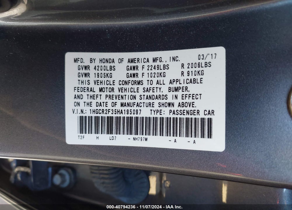 2017 HONDA ACCORD LX VIN: 1HGCR2F35HA195097