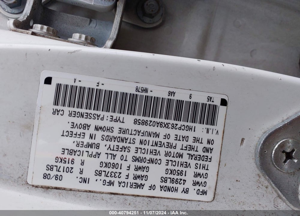 2009 HONDA ACCORD LX VIN: 1HGCP263X9A029858