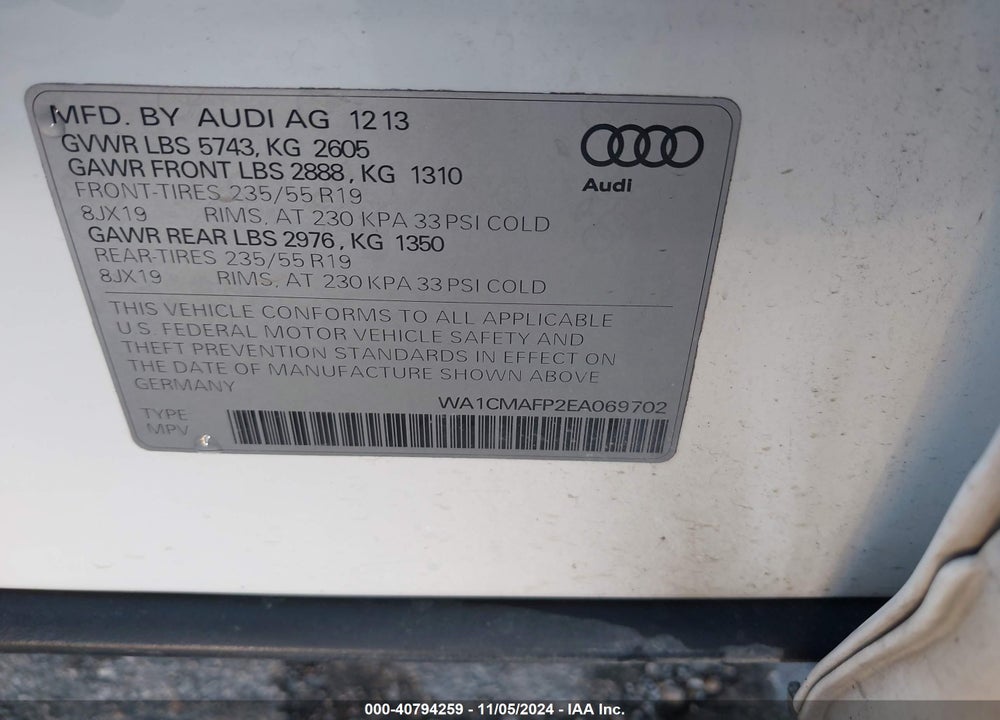 2014 AUDI Q5 3.0 TDI PREMIUM PLUS VIN: WA1CMAFP2EA069702