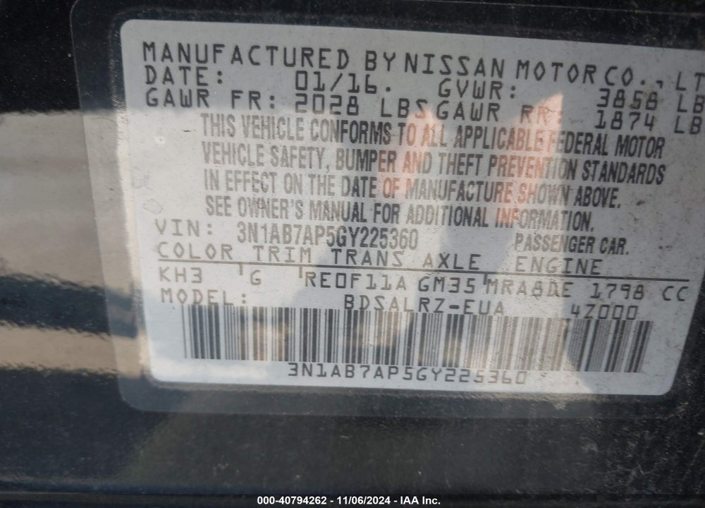2016 NISSAN SENTRA SR VIN: 3N1AB7AP5GY225360